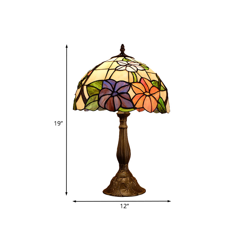 Tiffany Dome Shade Table Light 1-Bulb Stained Art Glass Night Lighting in Bronze with Bloom Pattern