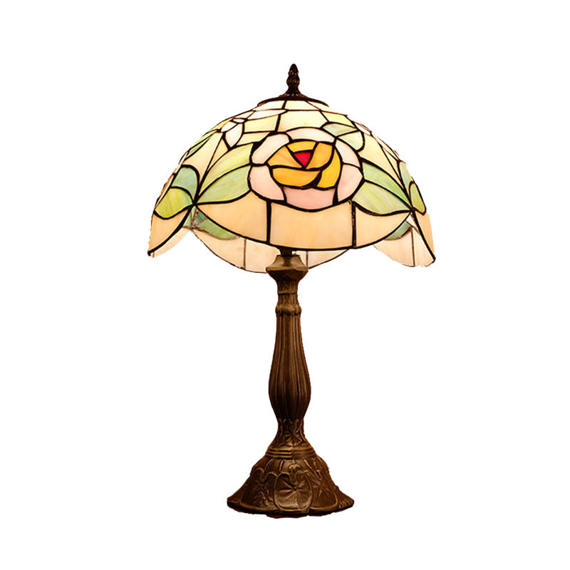 Bronze 1 Head Table Lighting Mediterranean Cut Glass Scalloped Edge Night Lamp with Rose Pattern