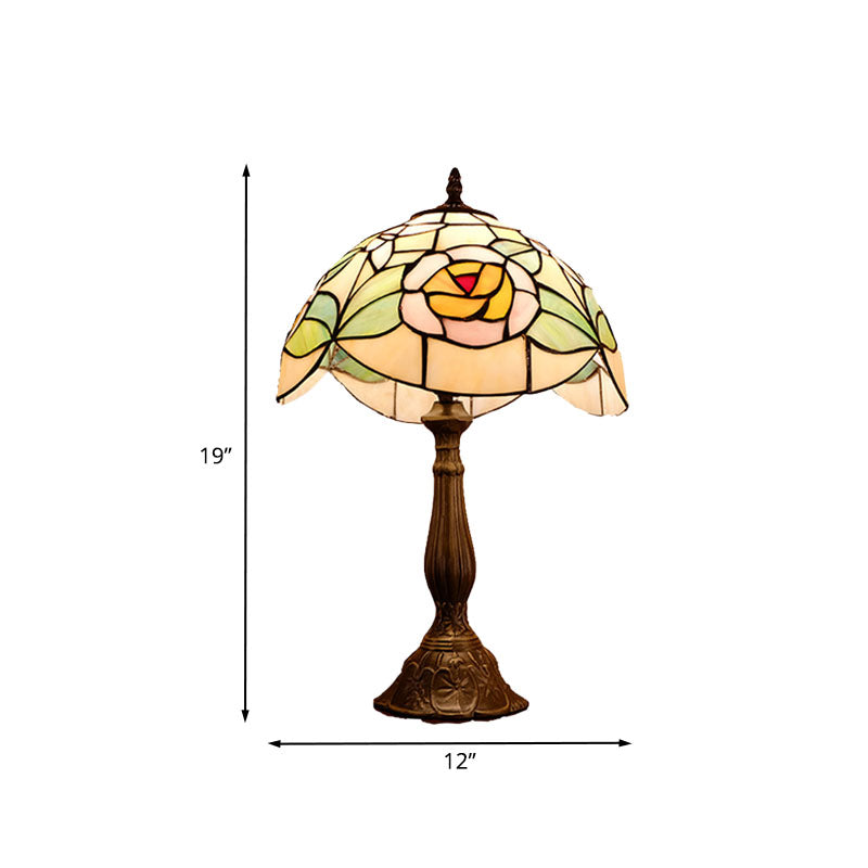 Bronze 1 Head Table Lighting Mediterranean Cut Glass Scalloped Edge Night Lamp with Rose Pattern