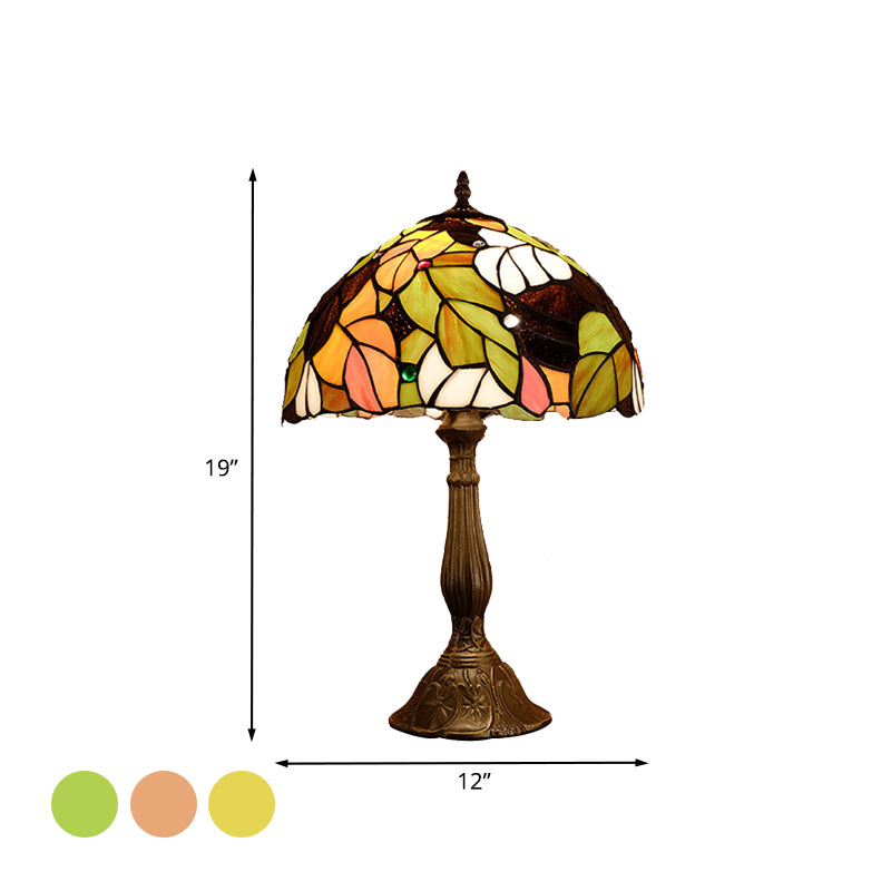 1 Head Dome Table Lamp Baroque Style Yellow/Green/Orange Stained Glass Nightstand Lamp with Leaf/Flower Pattern