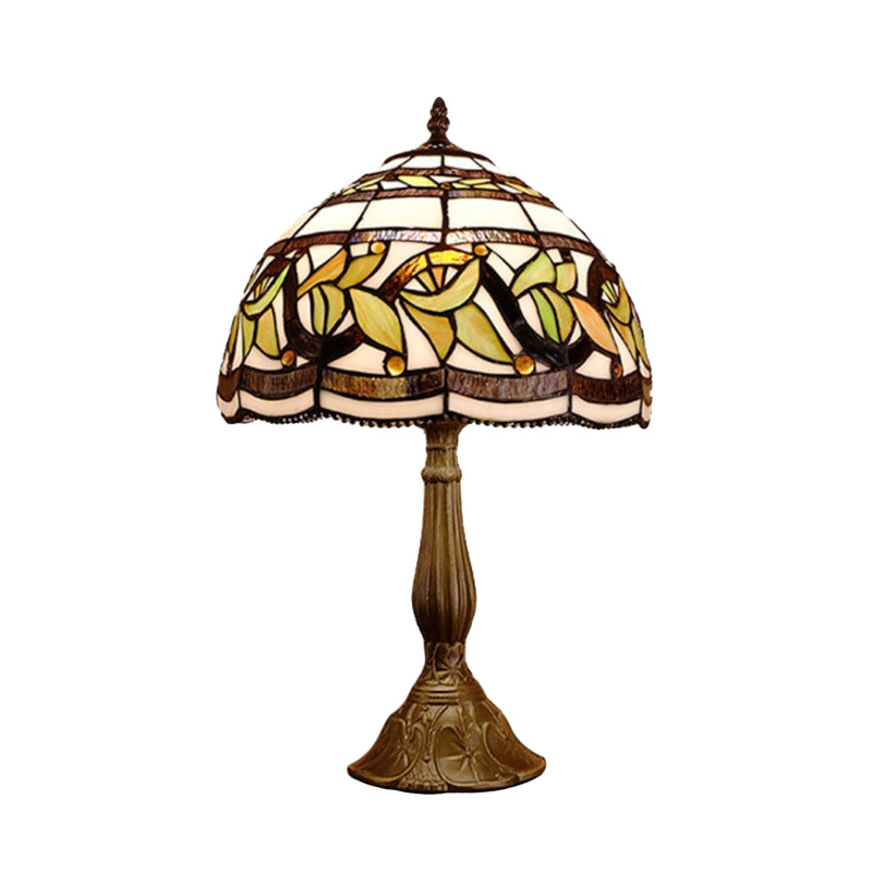 1 Head Dome Table Lamp Baroque Style Yellow/Green/Orange Stained Glass Nightstand Lamp with Leaf/Flower Pattern