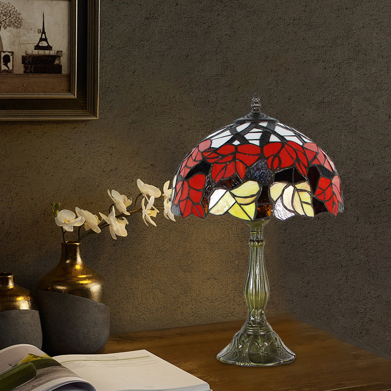 Cut Glass Domed Shade Night Lighting Victorian 1-Light Red/Brown Flower Patterned Table Lamp for Bedside