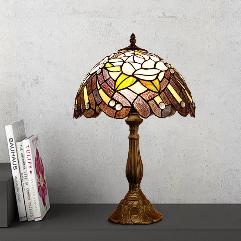 Cut Glass Domed Shade Night Lighting Victorian 1-Light Red/Brown Flower Patterned Table Lamp for Bedside