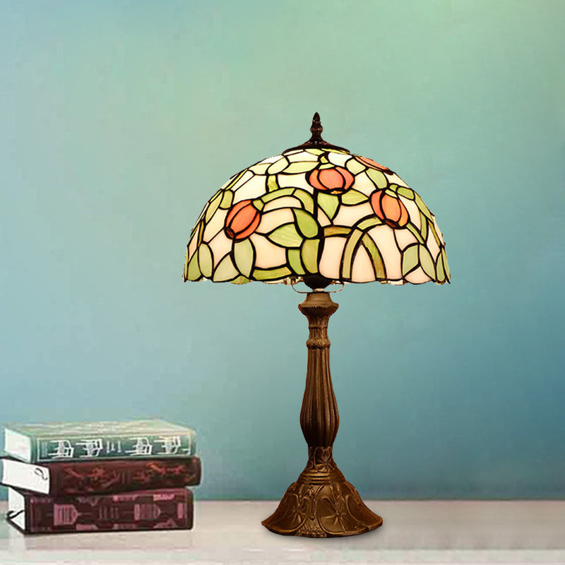 1-Bulb Bedroom Nightstand Lamp Mediterranean Bronze Tulip Patterned Table Light with Bowl Stained Glass Shade