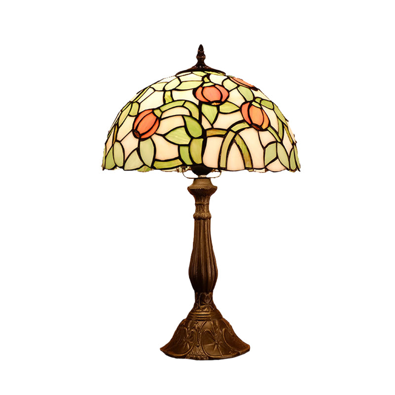 1-Bulb Bedroom Nightstand Lamp Mediterranean Bronze Tulip Patterned Table Light with Bowl Stained Glass Shade