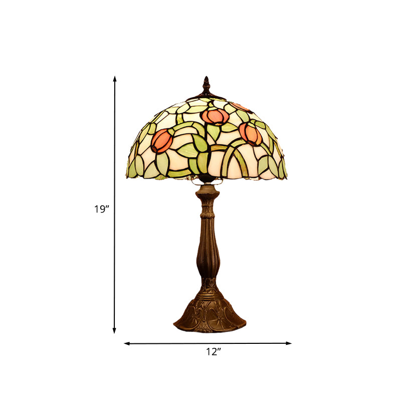 1-Bulb Bedroom Nightstand Lamp Mediterranean Bronze Tulip Patterned Table Light with Bowl Stained Glass Shade