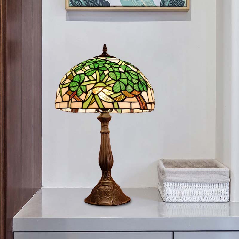 Domed Nightstand Light 1-Bulb Stained Art Glass Baroque Blossom Patterned Night Lighting in Red/Beige/Green