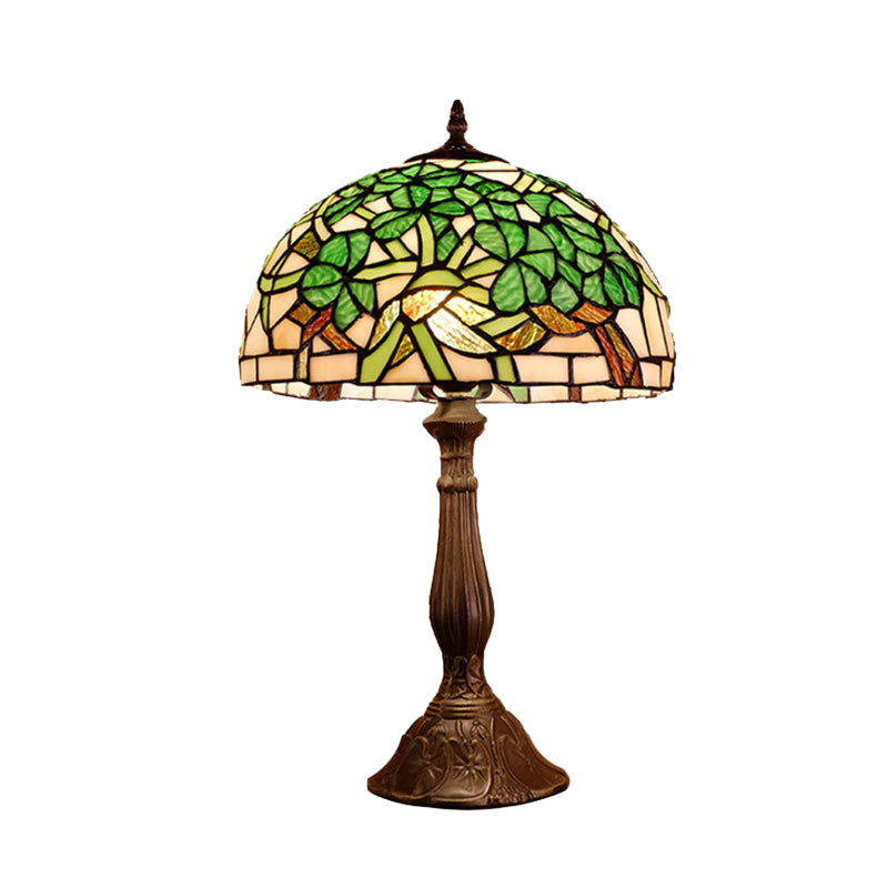 Domed Nightstand Light 1-Bulb Stained Art Glass Baroque Blossom Patterned Night Lighting in Red/Beige/Green