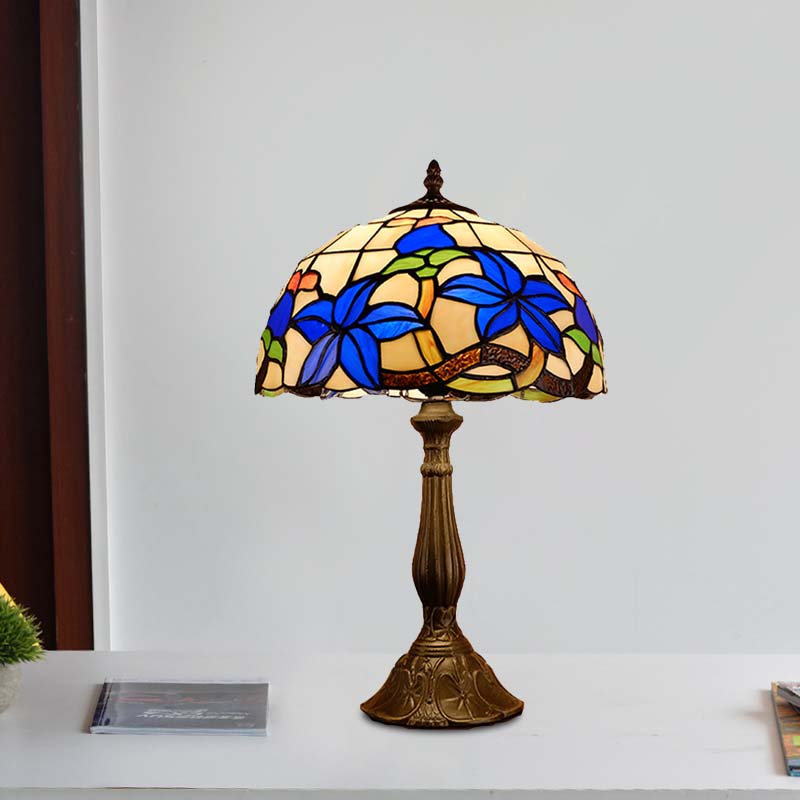 Stained Glass Bronze Nightstand Lighting Dome 1 Light Tiffany Night Table Light with Gardenia Pattern