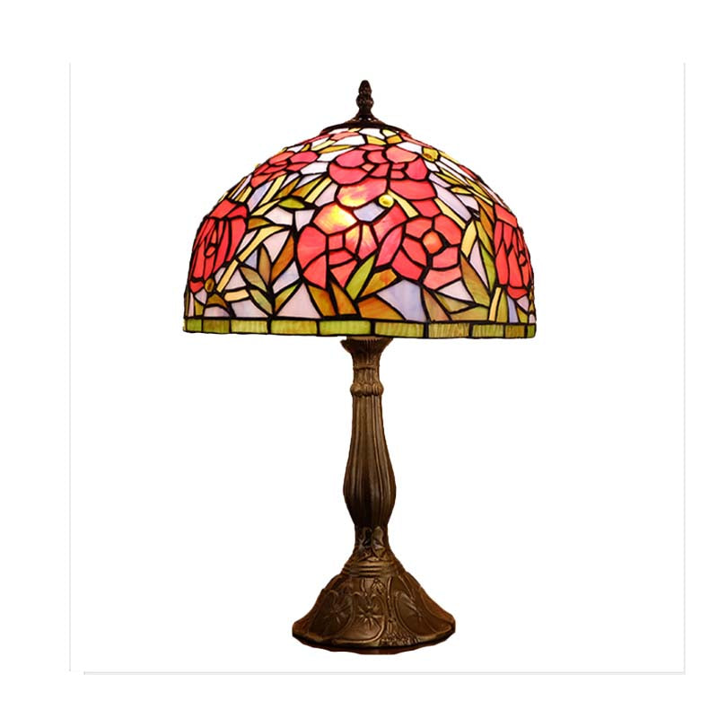 Red/Orange Bowl Table Lighting Tiffany 1 Light Stained Art Glass Rose Patterned Night Lamp for Bedroom