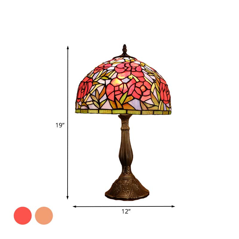 Red/Orange Bowl Table Lighting Tiffany 1 Light Stained Art Glass Rose Patterned Night Lamp for Bedroom