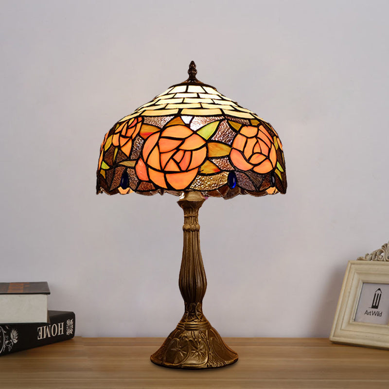 Red/Orange Bowl Table Lighting Tiffany 1 Light Stained Art Glass Rose Patterned Night Lamp for Bedroom