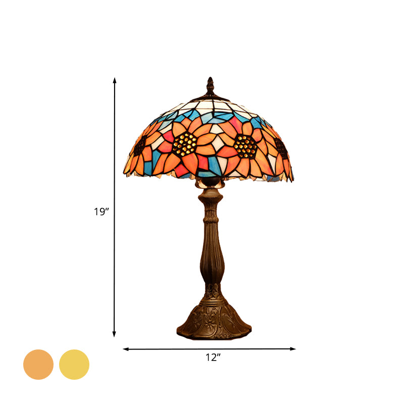 Baroque Bowl Shade Table Light 1-Bulb Hand Cut Glass Sunflower Patterned Nightstand Lighting in Yellow/Orange