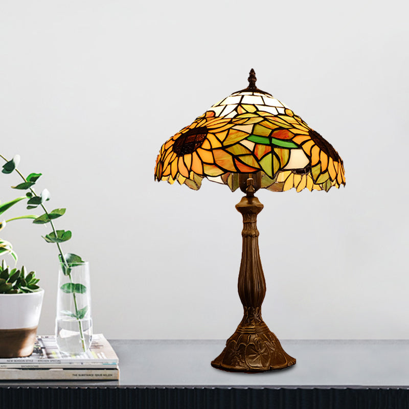 Baroque Bowl Shade Table Light 1-Bulb Hand Cut Glass Sunflower Patterned Nightstand Lighting in Yellow/Orange