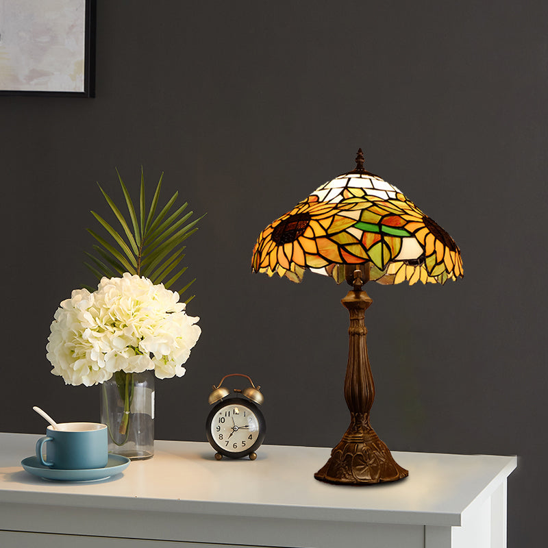 Baroque Bowl Shade Table Light 1-Bulb Hand Cut Glass Sunflower Patterned Nightstand Lighting in Yellow/Orange