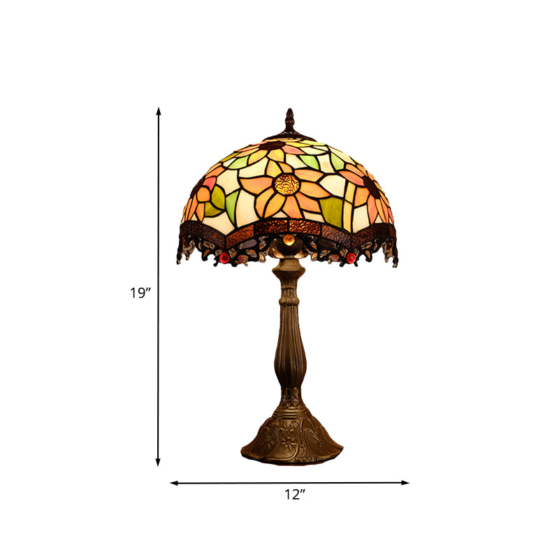 1-Light Scalloped Night Lamp Baroque Bronze Stained Art Glass Floral Patterned Nightstand Light for Bedroom