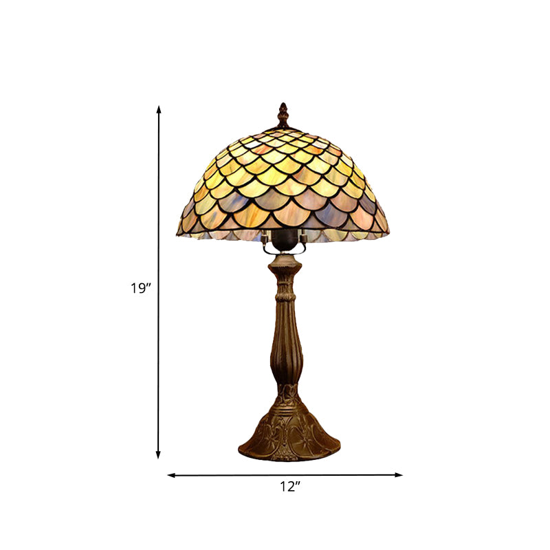 Hand Cut Glass Dome Nightstand Lamp Baroque 1 Head Bronze Table Lighting with Scale Pattern