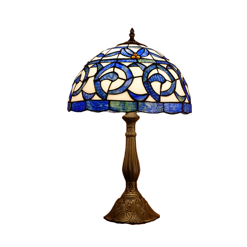 1 Bulb Bedroom Nightstand Lighting Tiffany Bronze Table Lamp with Domed Stained Glass Shade