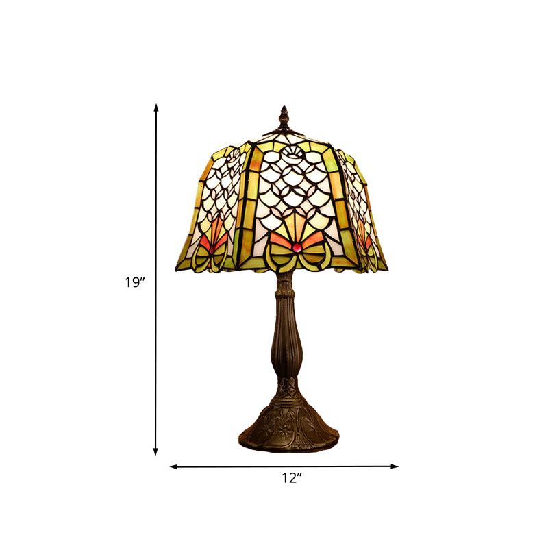 Stained Glass Bronze Night Table Light Paneled Bell 1 Head Baroque Fishscale Patterned Nightstand Lamp