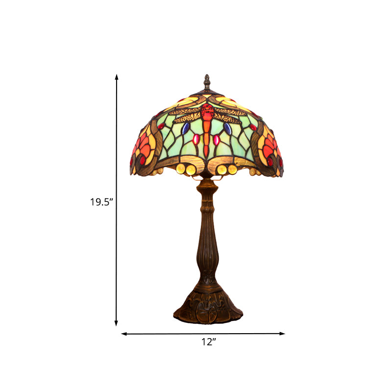 Bronze Domed Table Lamp Mediterranean 1 Light Hand Cut Glass Dragonfly Patterned Night Lighting