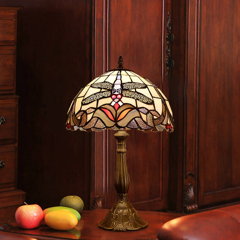 Baroque Dragonfly Table Light 1-Light Stained Glass Night Lamp in Bronze with Bowl Shade