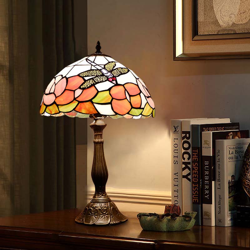 Bronze 1 Light Table Lighting Tiffany Stained Art Glass Dome Shape Flower and Dragonfly Patterned Night Light