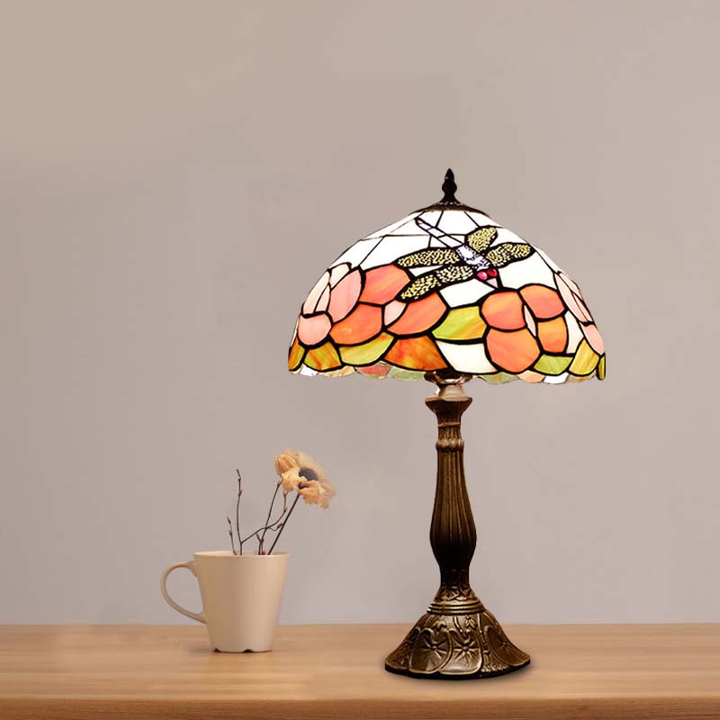 Bronze 1 Light Table Lighting Tiffany Stained Art Glass Dome Shape Flower and Dragonfly Patterned Night Light