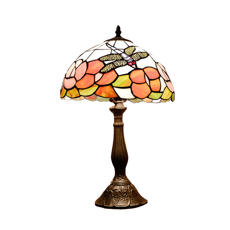 Bronze 1 Light Table Lighting Tiffany Stained Art Glass Dome Shape Flower and Dragonfly Patterned Night Light