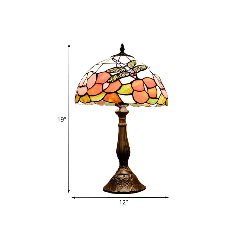 Bronze 1 Light Table Lighting Tiffany Stained Art Glass Dome Shape Flower and Dragonfly Patterned Night Light