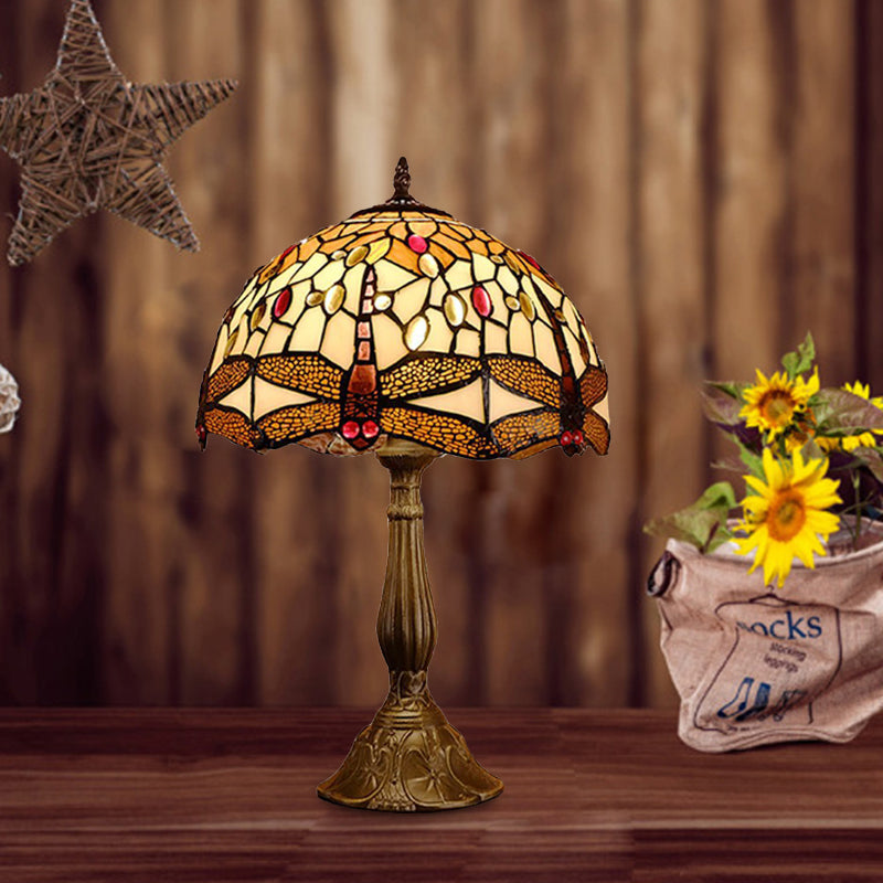 1-Bulb Domed Night Lamp Mediterranean Bronze Hand Cut Glass Nightstand Light with Dragonfly Pattern