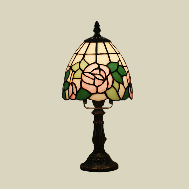 Dome Shape Nightstand Lighting 1-Light Stained Glass Baroque Style Blossom Patterned Table Lamp in Red/Pink/Orange