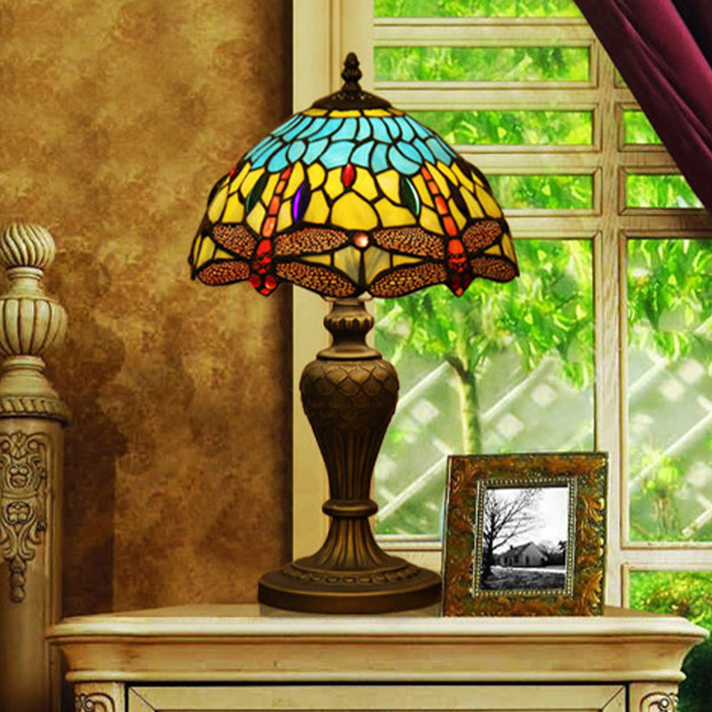 Stained Glass Domed Night Light Victorian 1 Light Yellow and Blue Dragonfly Patterned Desk Lamp with Urn-Shaped Base