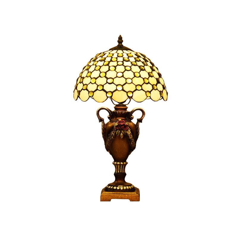 Beige Glass Bronze Desk Light Beaded 1-Head Mediterranean Table Lighting with Vase Base for Bedroom