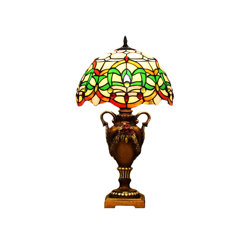 Yellow/Green Domed Desk Lighting Mediterranean 1 Light Hand Cut Glass Blossom Patterned Night Lamp with Trophy Base