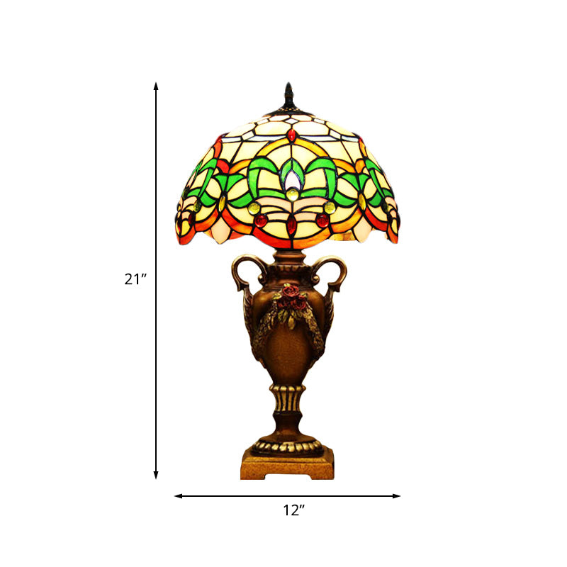 Yellow/Green Domed Desk Lighting Mediterranean 1 Light Hand Cut Glass Blossom Patterned Night Lamp with Trophy Base