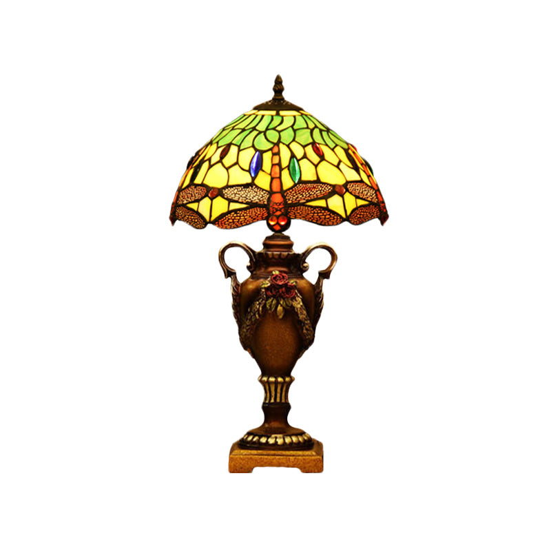 Victorian Bowl Shape Desk Light 1 Head Stained Art Glass Trophy Night Table Lamp in Blue/Green with Dragonfly Pattern