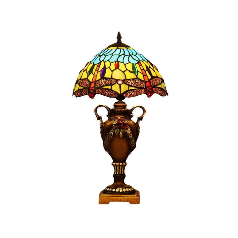 Victorian Bowl Shape Desk Light 1 Head Stained Art Glass Trophy Night Table Lamp in Blue/Green with Dragonfly Pattern