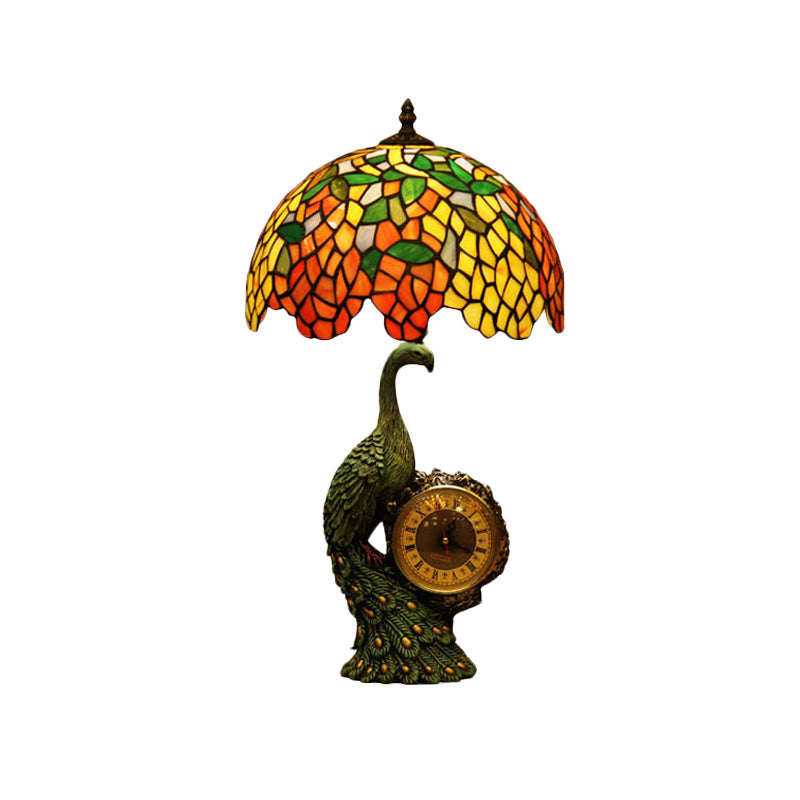 Green 1 Head Night Light Tiffany Stained Glass Wisteria Table Lamp with Peacock and Clock Base