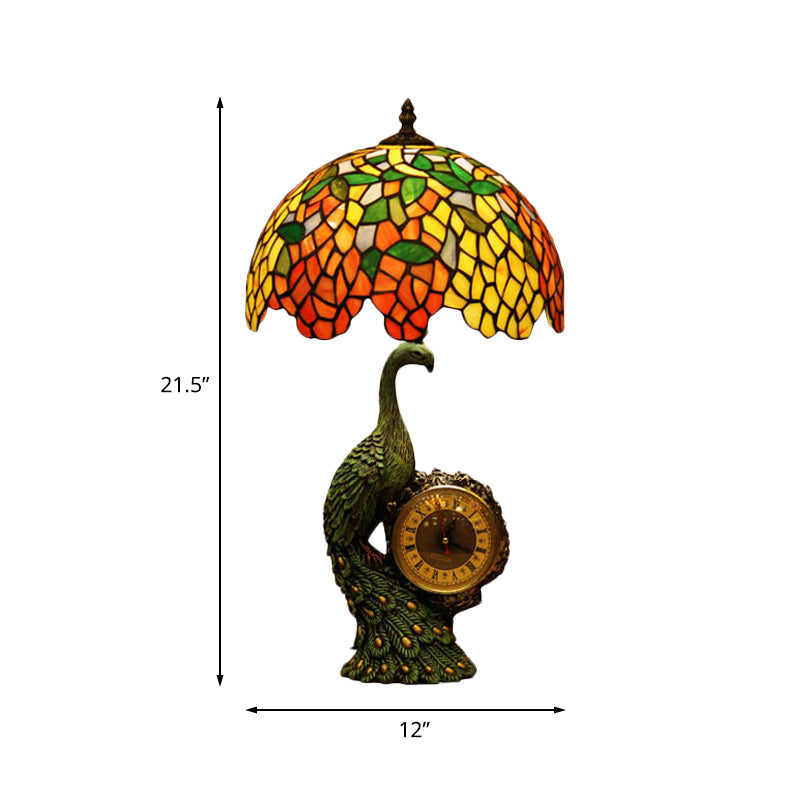 Green 1 Head Night Light Tiffany Stained Glass Wisteria Table Lamp with Peacock and Clock Base