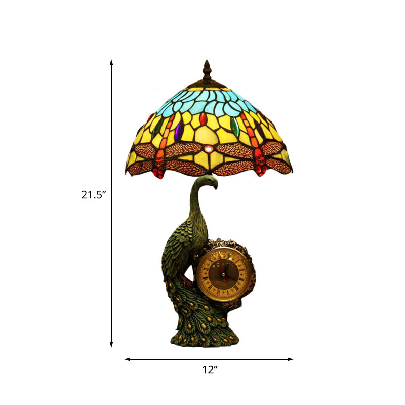 1-Bulb Libellen Nachtlampe Mittelmeer hellblau und gelb geschnittenes Glas Nachttisch Licht mit Pfauen und Uhr-Tech