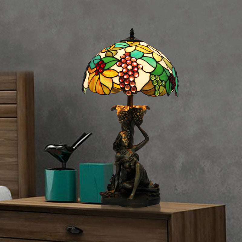 Stained Glass Domed Nightstand Lamp Victorian 1 Light Green Grape Patterned Desk Lighting with Working Woman for Bedroom