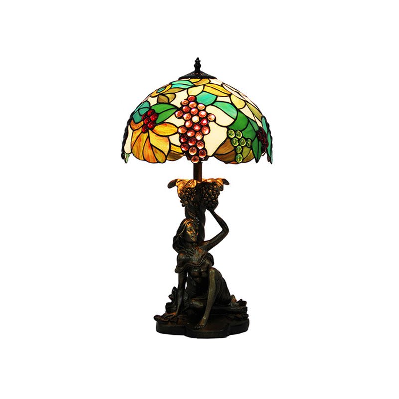 Stained Glass Domed Nightstand Lamp Victorian 1 Light Green Grape Patterned Desk Lighting with Working Woman for Bedroom