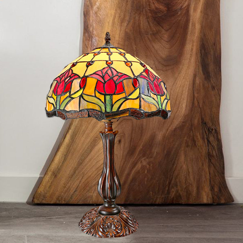 Dome Shade Cut Glass Nightstand Light Tiffany 1 Light Bronze Night Table Lamp with Flower Pattern