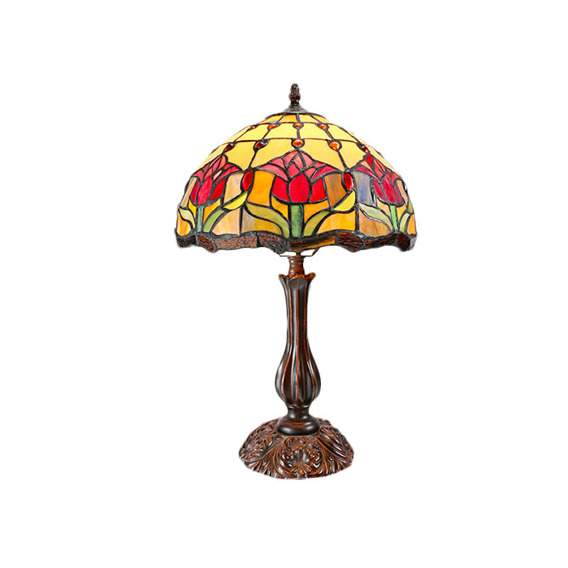 Dome Shade Cut Glass Nightstand Light Tiffany 1 Light Bronze Night Table Lamp with Flower Pattern