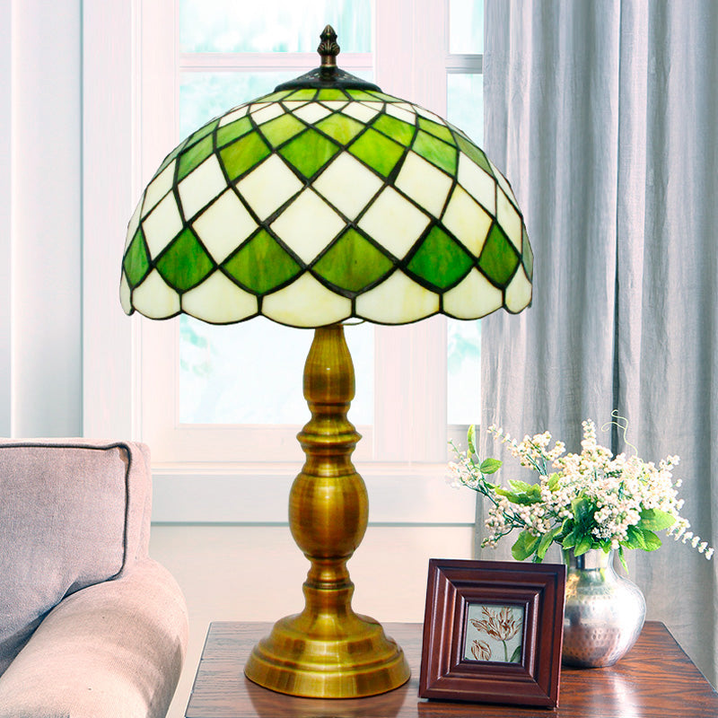 1 Head Bedroom Nightstand Lighting Mediterranean Green Table Lamp with Lattice Bowl Cut Glass Shade