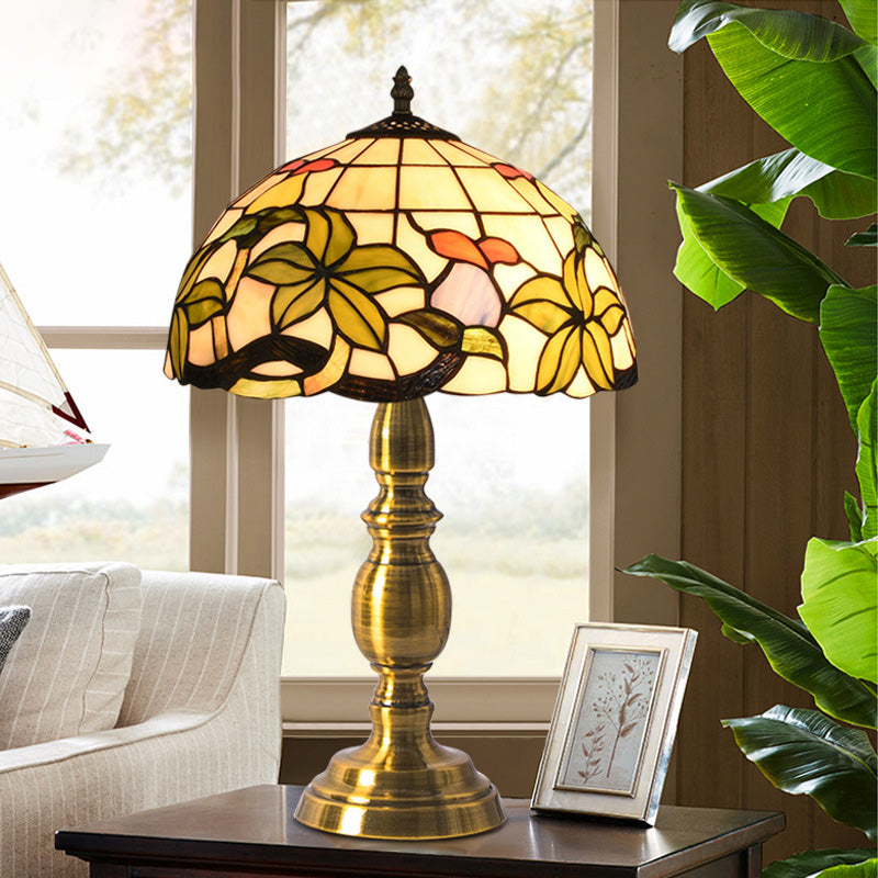 Domed Table Lamp 1 Light Stained Art Glass Tiffany Style Petal Patterned Night Light in Brushed Brass