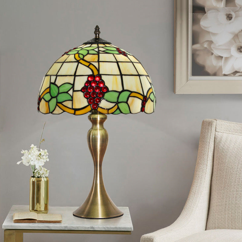 Gold Dome Shape Night Table Lamp Victorian 1 Light Stained Art Glass Grape Patterned Desk Lighting