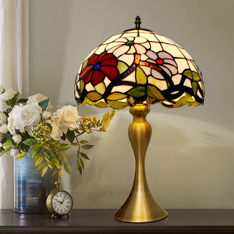 Tiffany Bowl Night Table Lighting 1-Light Stained Art Glass Desk Lamp in Gold with Blossom Pattern