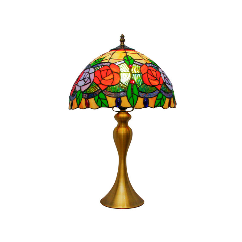 Gold 1 Light Night Table Lamp Mediterranean Cut Glass Bowl Shape Desk Light with Rose Pattern