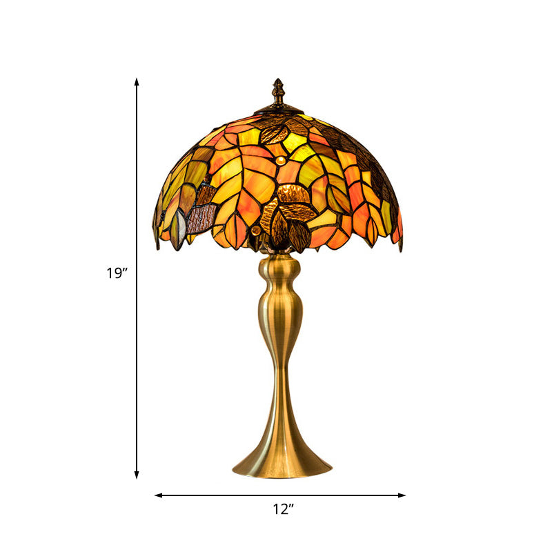 1-Light Leaf Patterned Night Lamp Baroque Gold Finish Hand Cut Glass Table Lighting with Dome Shade